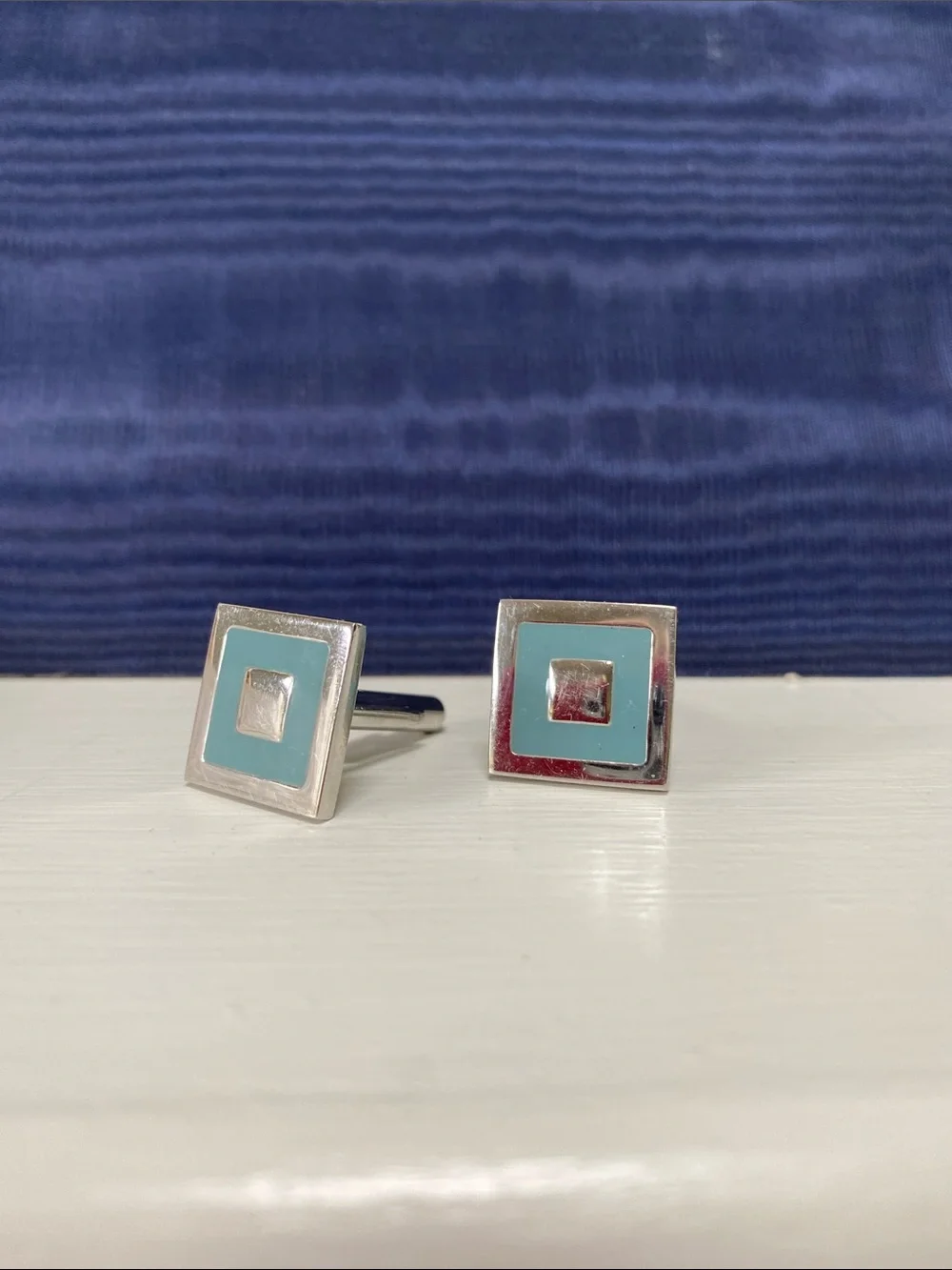 Men's Square Silver Cufflinks with Light Blue Inlay